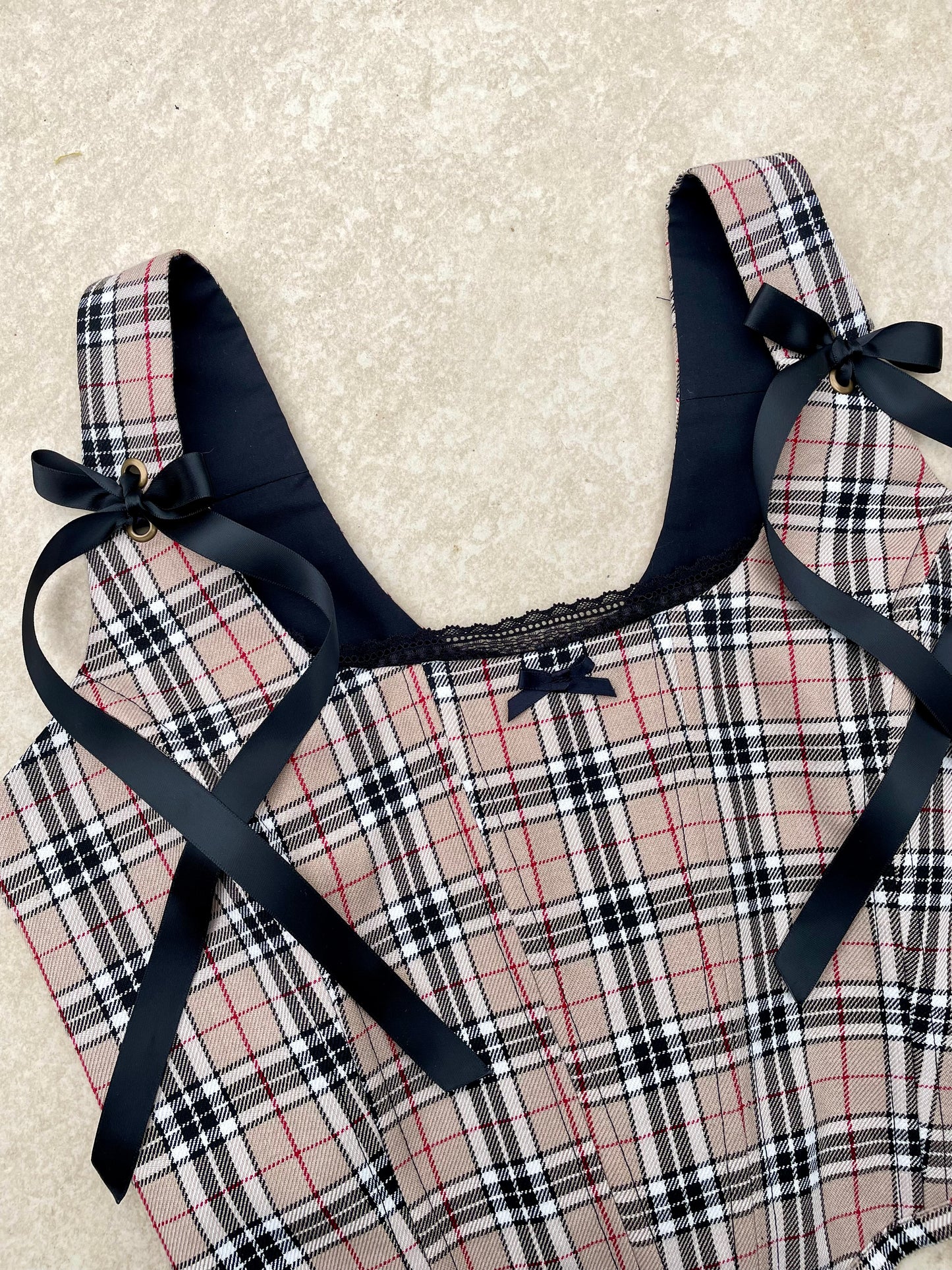 Reworked beige tartan corset top - SIZE 8 UK (S)