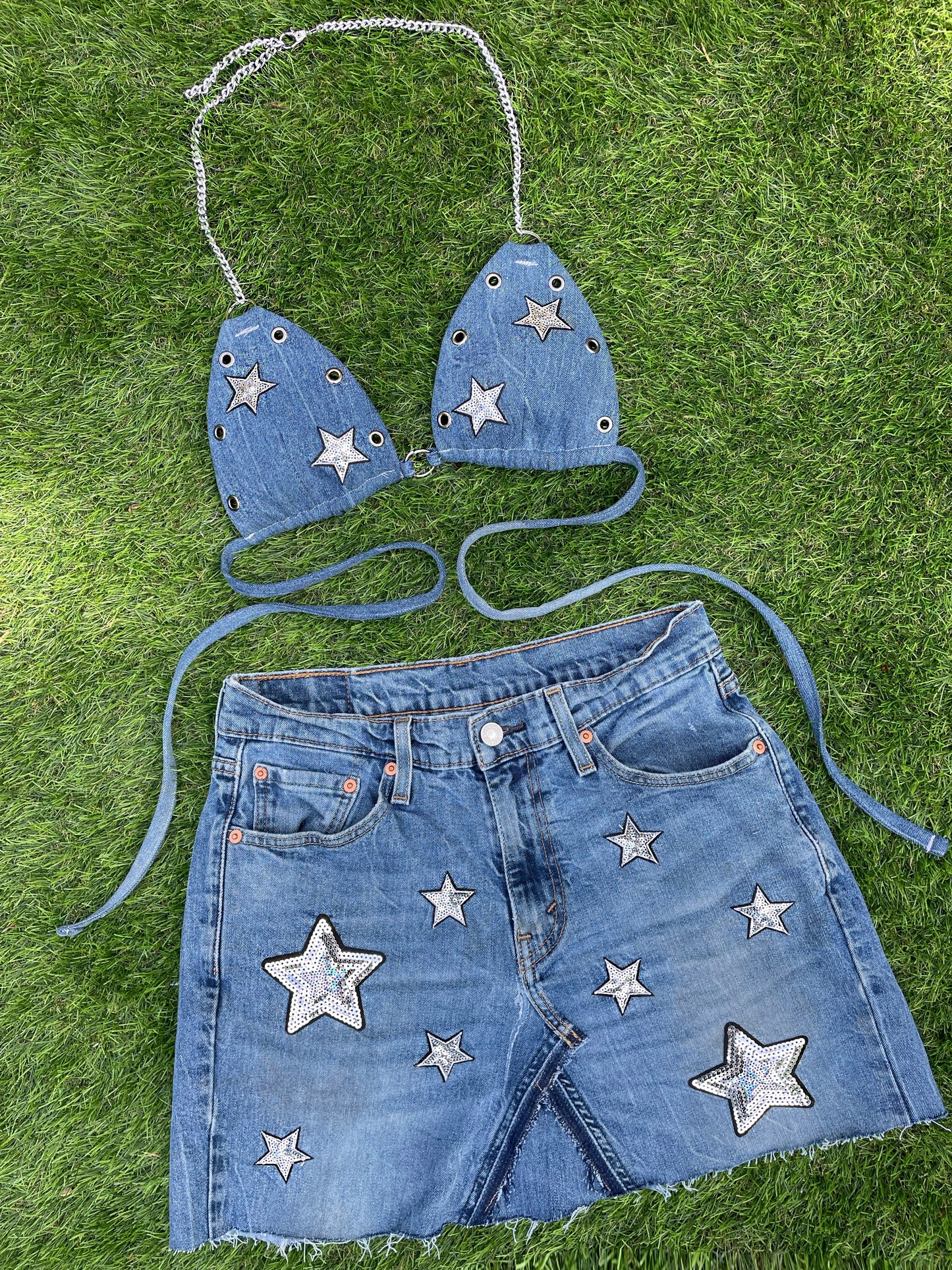 Reworked Levi’s jeans 2 piece sequin star outfit mid wash blue - size uk 10 (M)