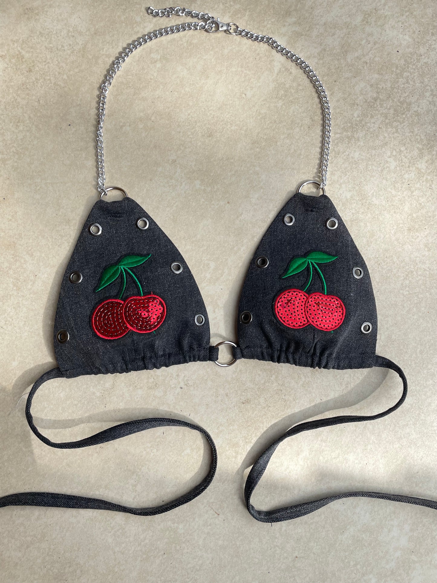 Custom reworked denim sequin cherry bra/bralette/bikini style top black wash - sizes available xs/s/m/l
