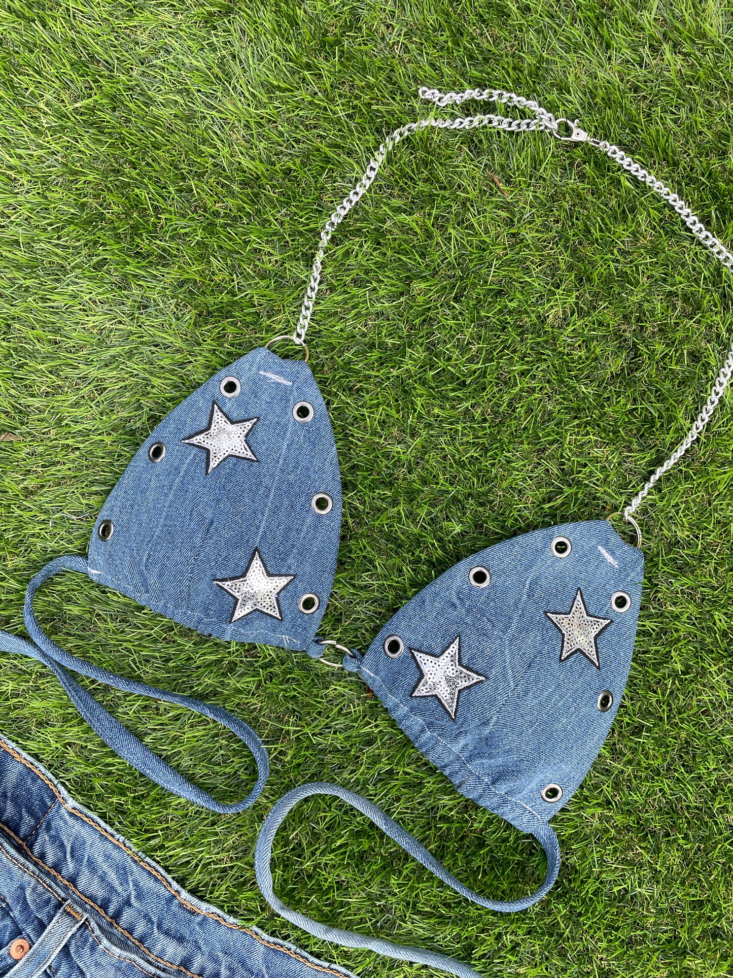 Reworked Levi’s jeans 2 piece sequin star outfit mid wash blue - size uk 10 (M)
