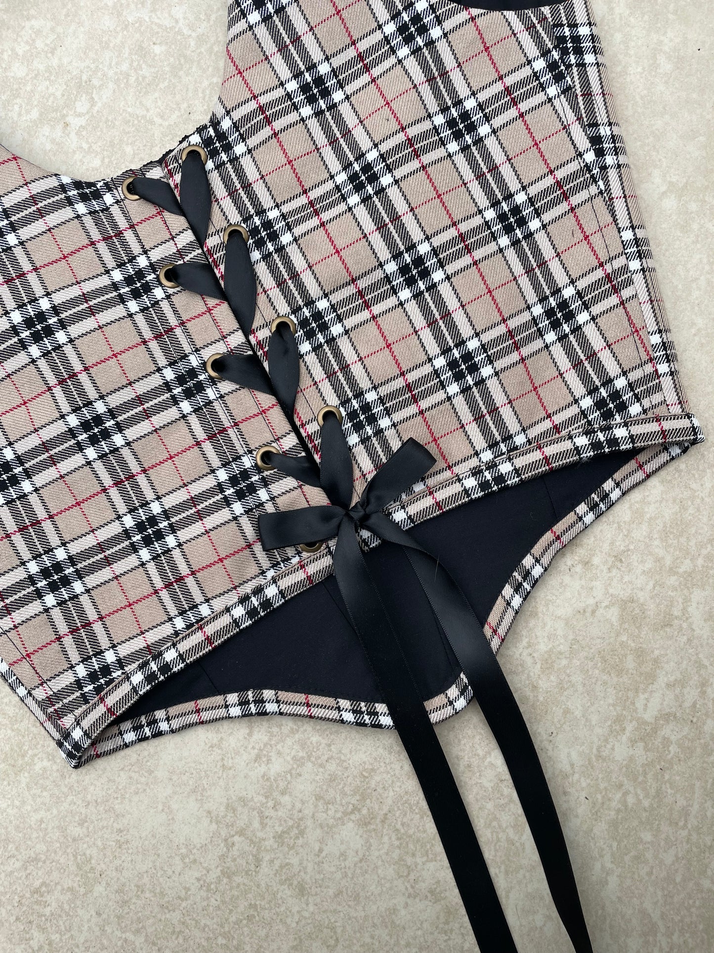 Reworked beige tartan corset top - SIZE 8 UK (S)