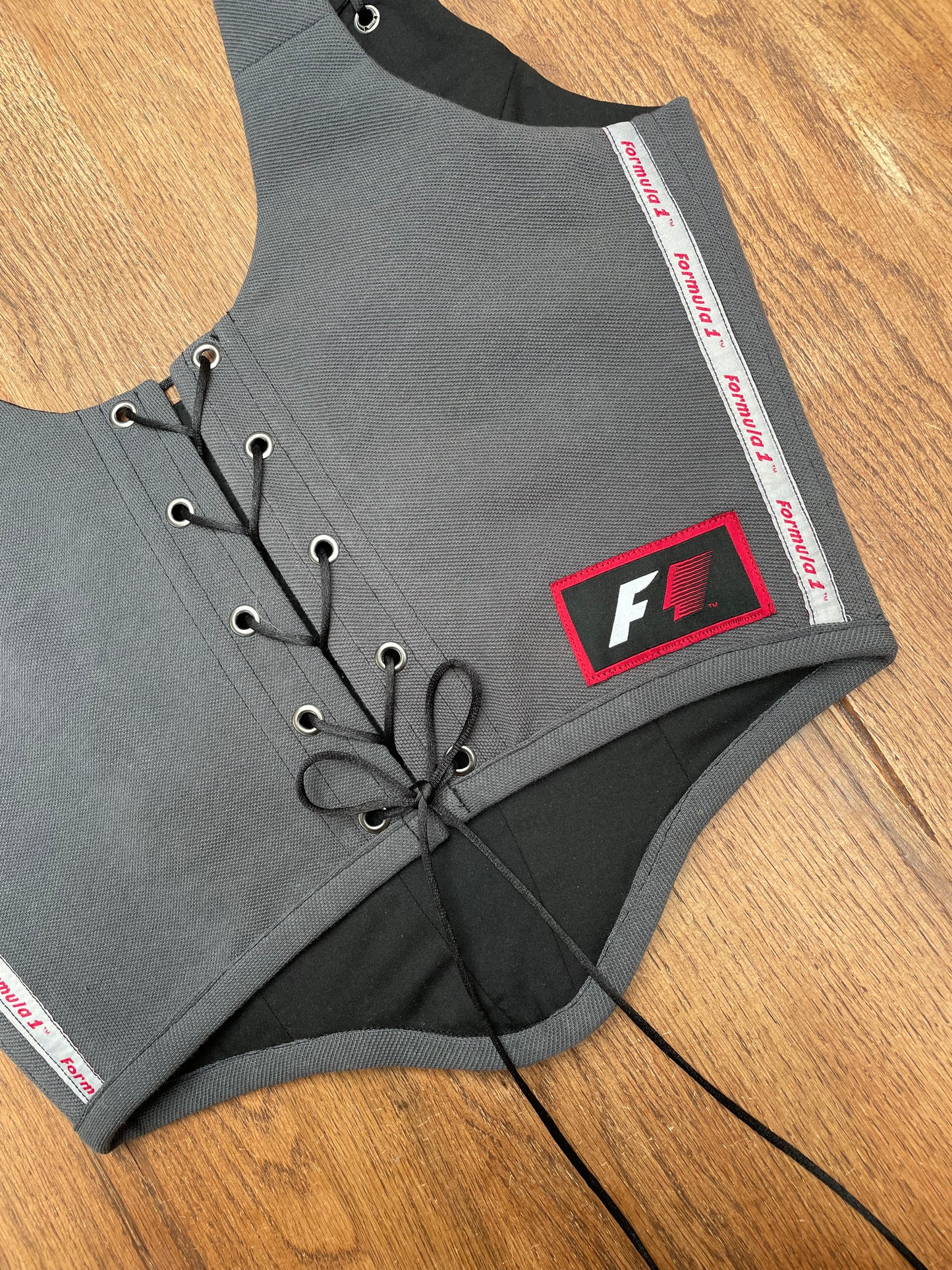 Reworked poloshirt corset - F1 dark grey/black - SIZE 12 UK (M/L)