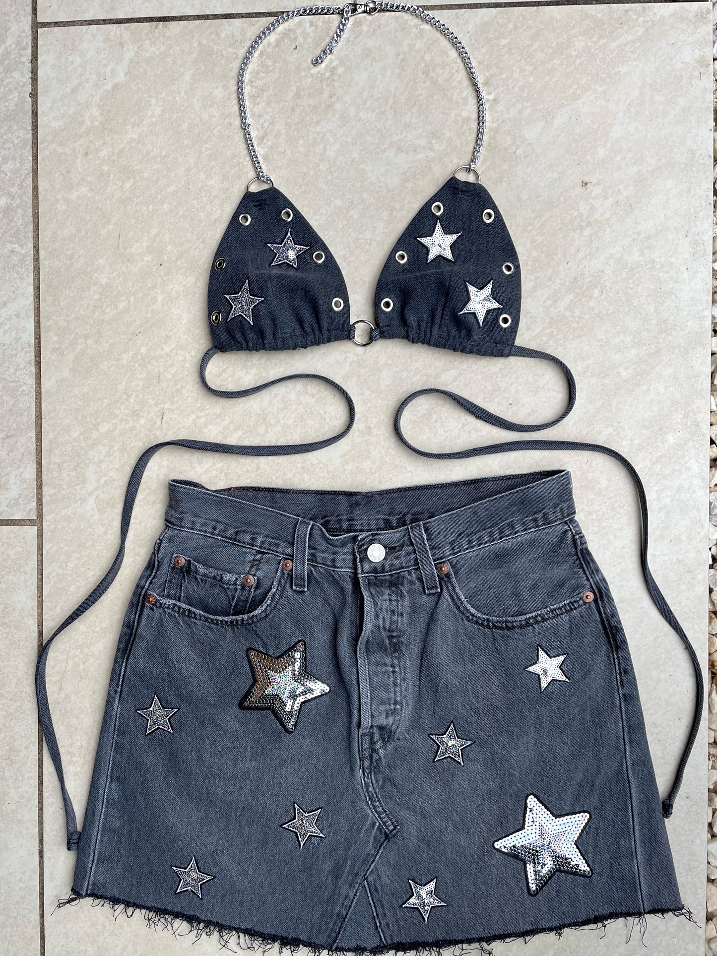 Reworked Levi’s 501 jeans 2 piece sequin star outfit grey/black wash - size uk 8 (S)