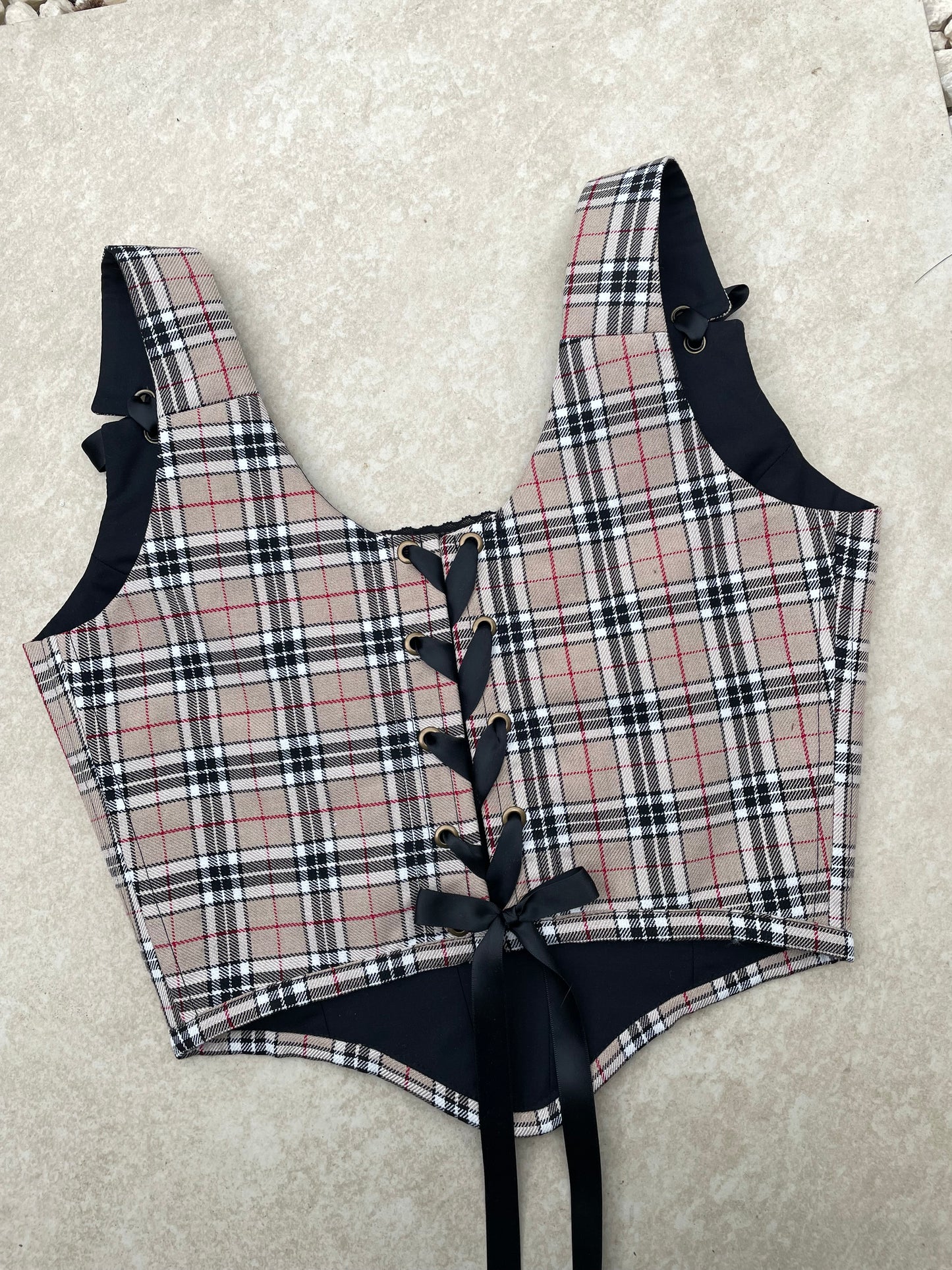 Reworked beige tartan corset top - SIZE 8 UK (S)