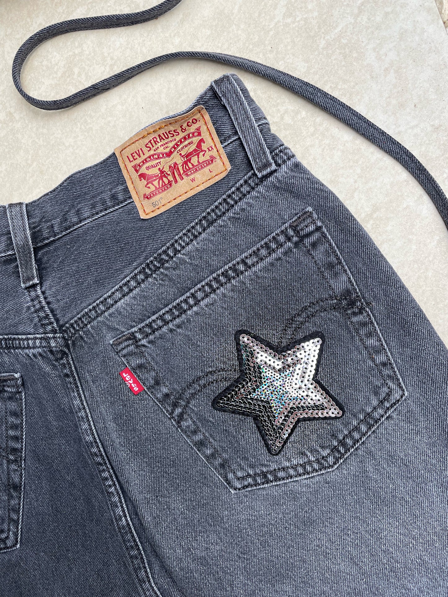 Reworked Levi’s 501 jeans 2 piece sequin star outfit grey/black wash - size uk 8 (S)