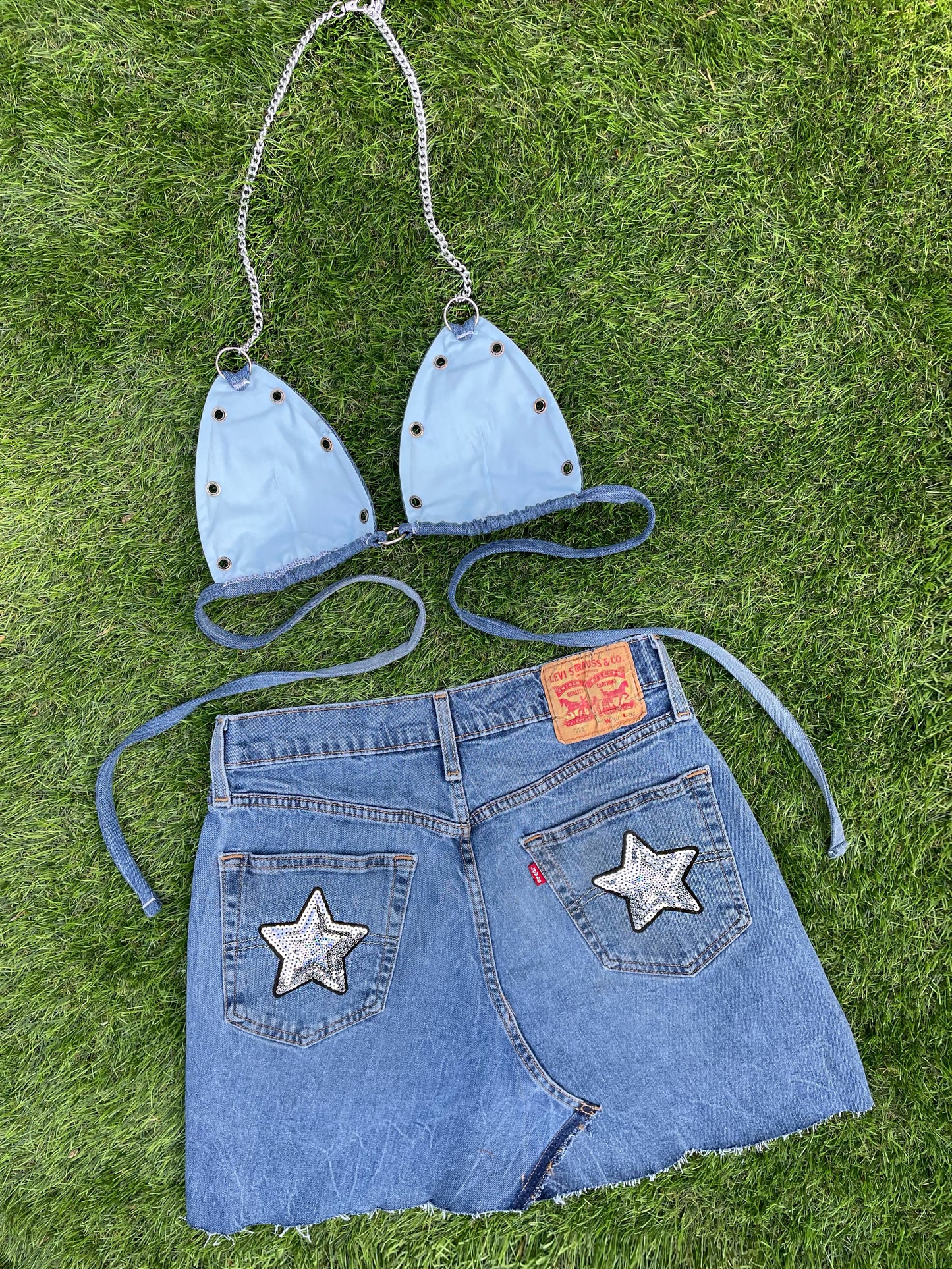 Reworked Levi’s jeans 2 piece sequin star outfit mid wash blue - size uk 10 (M)