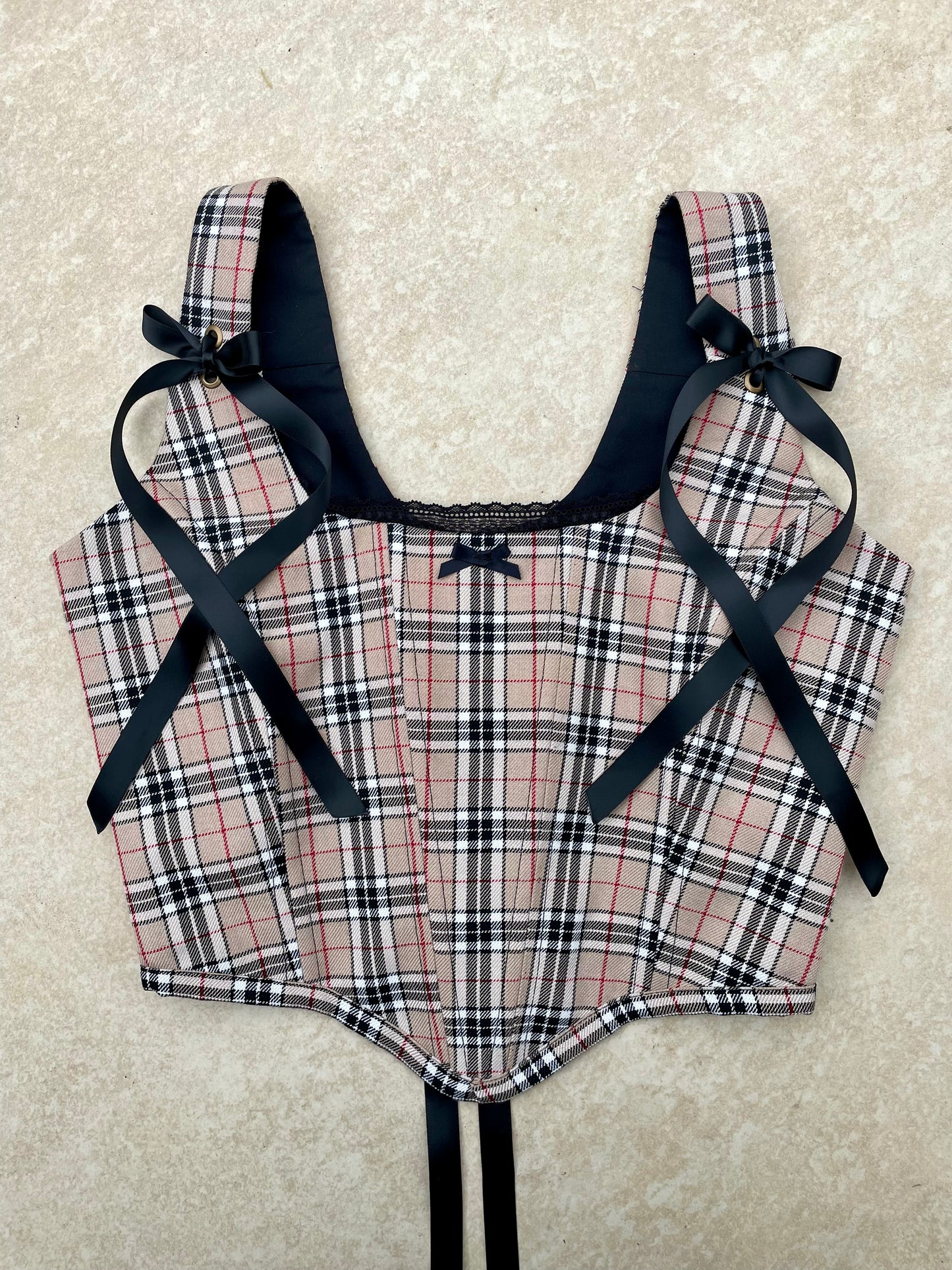 Reworked beige tartan corset top - SIZE 8 UK (S)