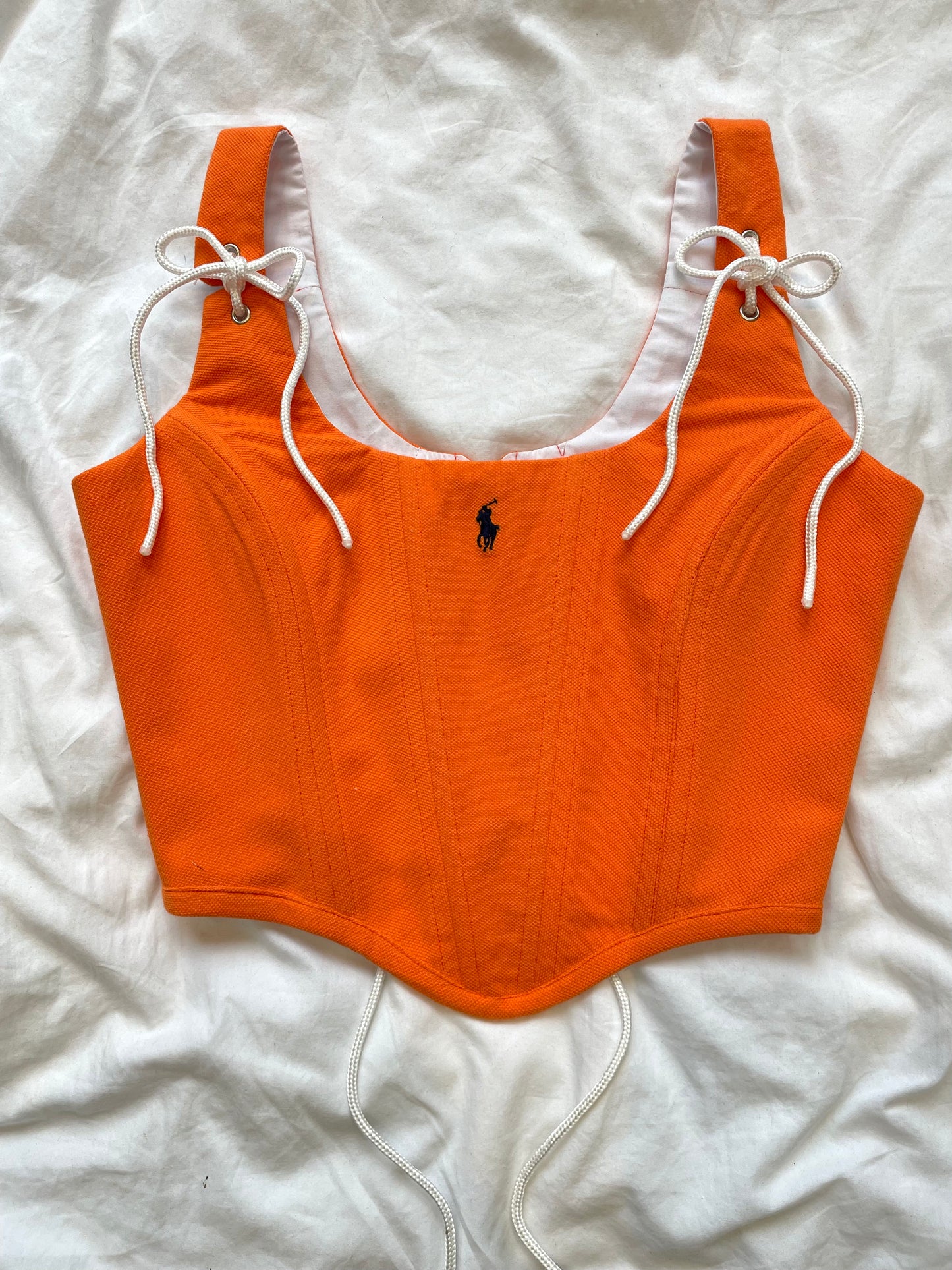 Reworked poloshirt corset - Bright Orange RL polo - SIZE 8 UK