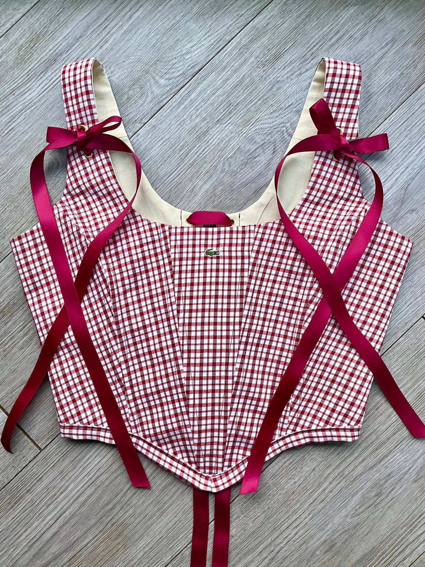 Reworked shirt corset - Burgundy gingham check Lacoste - SIZE 10 UK (M)