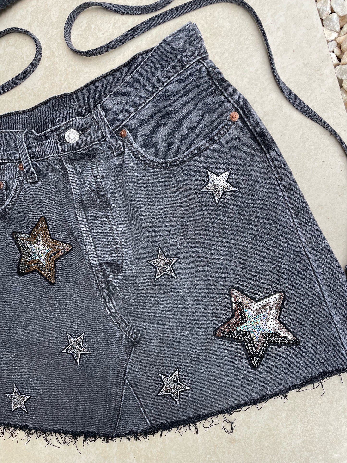 Reworked Levi’s 501 jeans 2 piece sequin star outfit grey/black wash - size uk 8 (S)