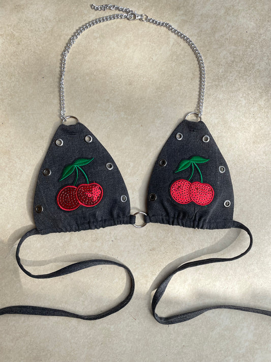 Custom reworked denim sequin cherry bra/bralette/bikini style top black wash - sizes available xs/s/m/l