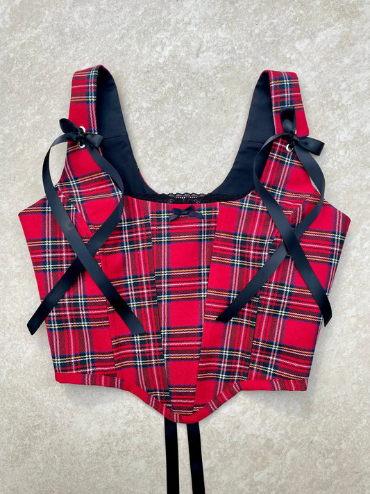 Reworked red tartan corset top - SIZE 10 UK (M)