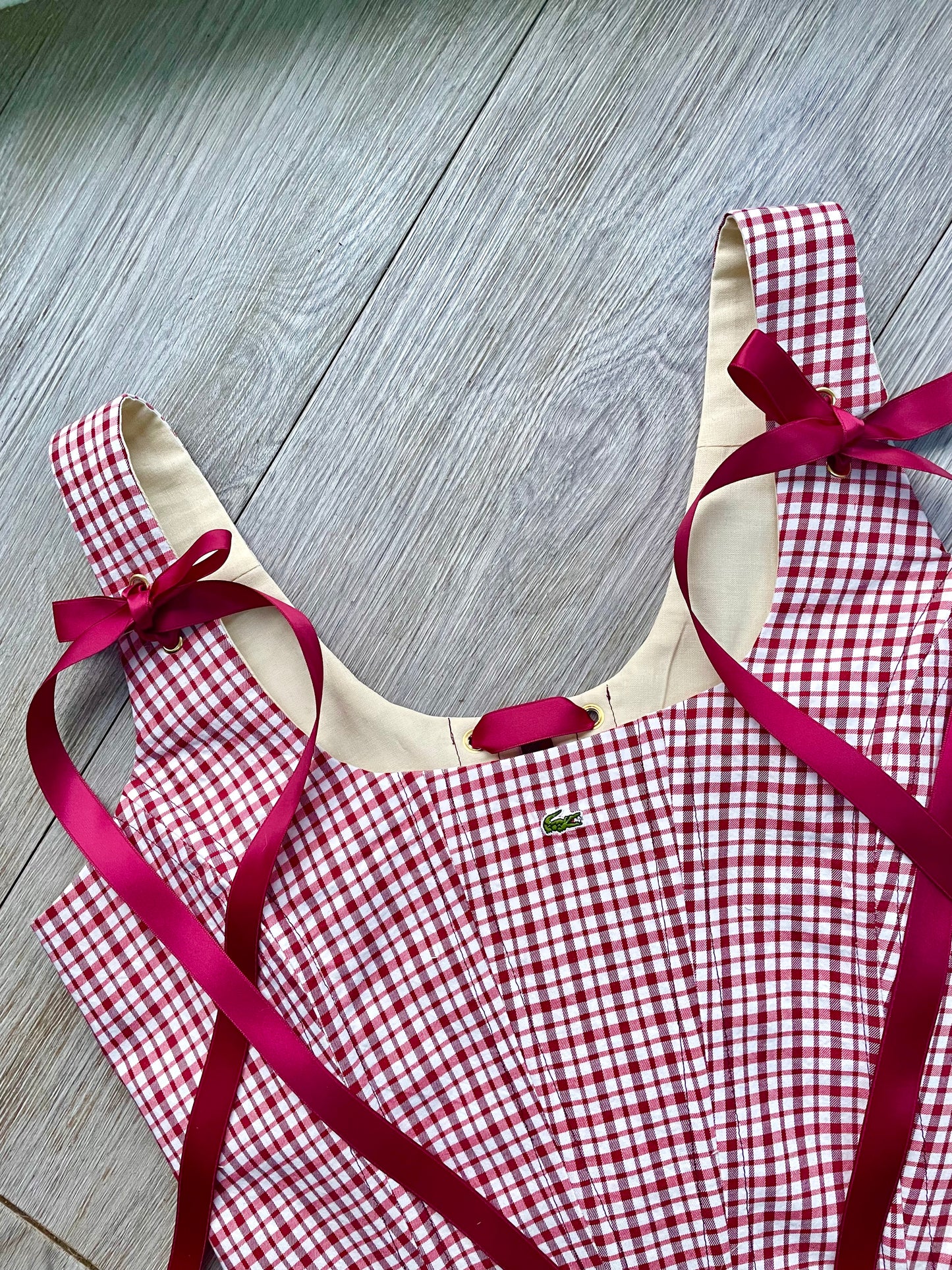 Reworked shirt corset - Burgundy gingham check Lacoste - SIZE 10 UK (M)