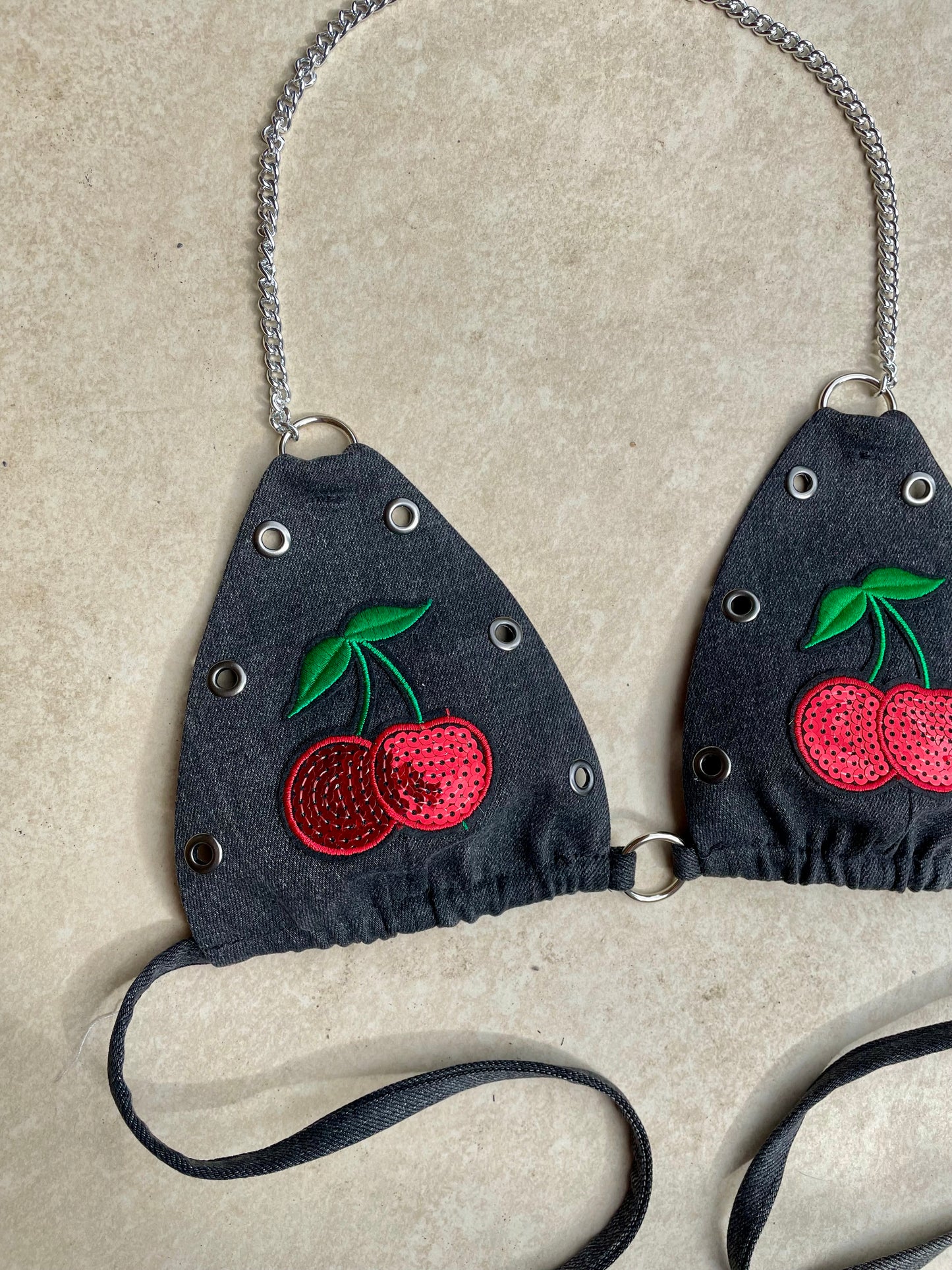 Custom reworked denim sequin cherry bra/bralette/bikini style top black wash - sizes available xs/s/m/l