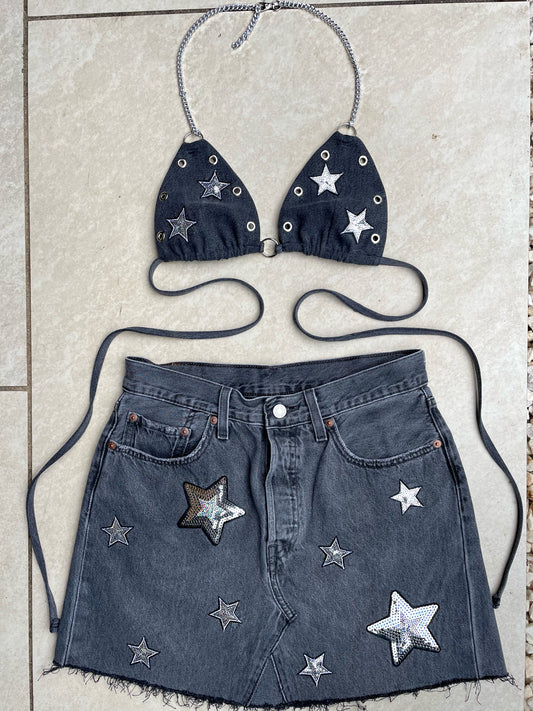 Reworked Levi’s 501 jeans 2 piece sequin star outfit grey/black wash - size uk 8 (S)