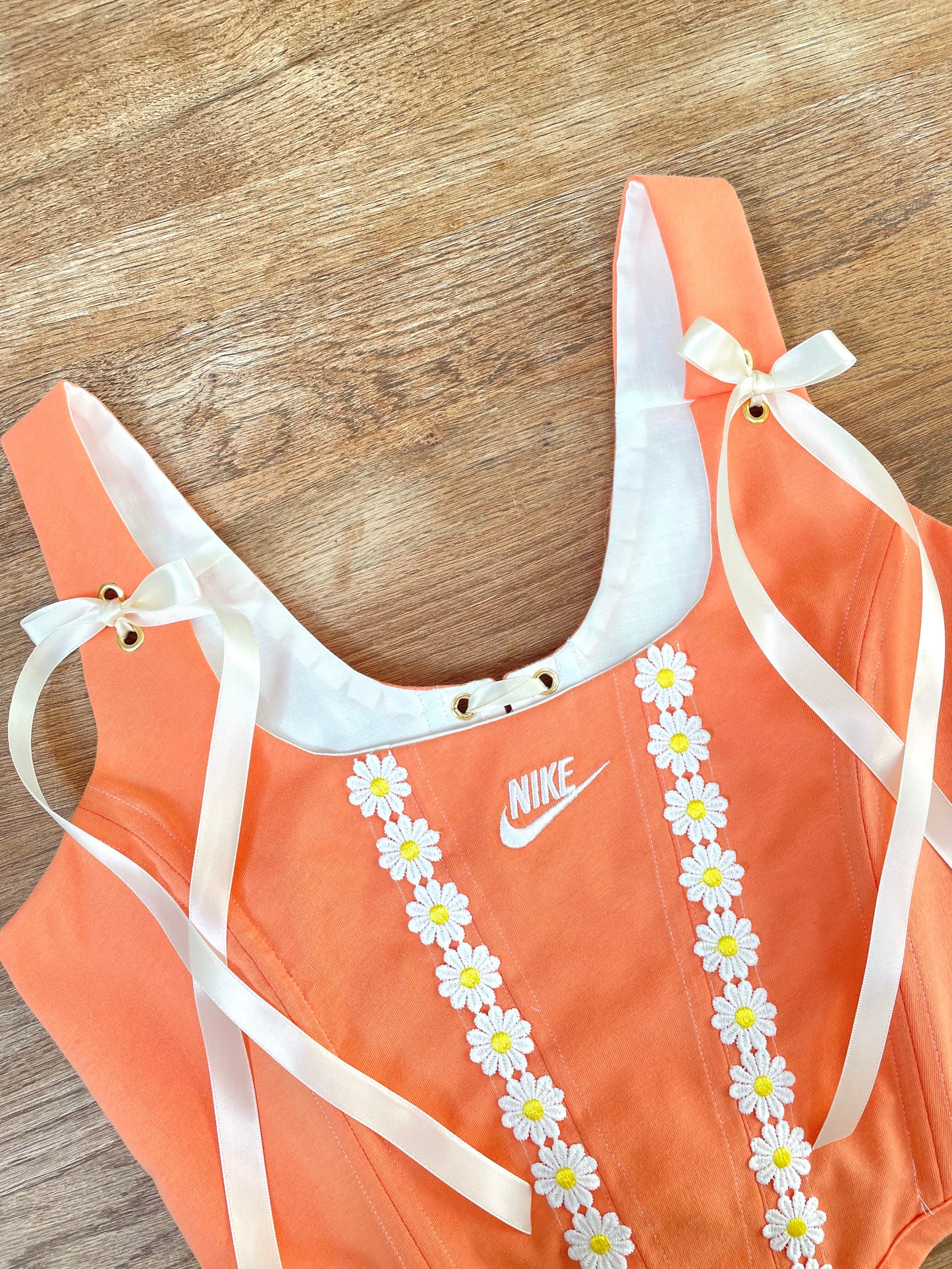 Reworked corset - Coral Orange with daisy appliques Nike - UK SIZE 10 (M)