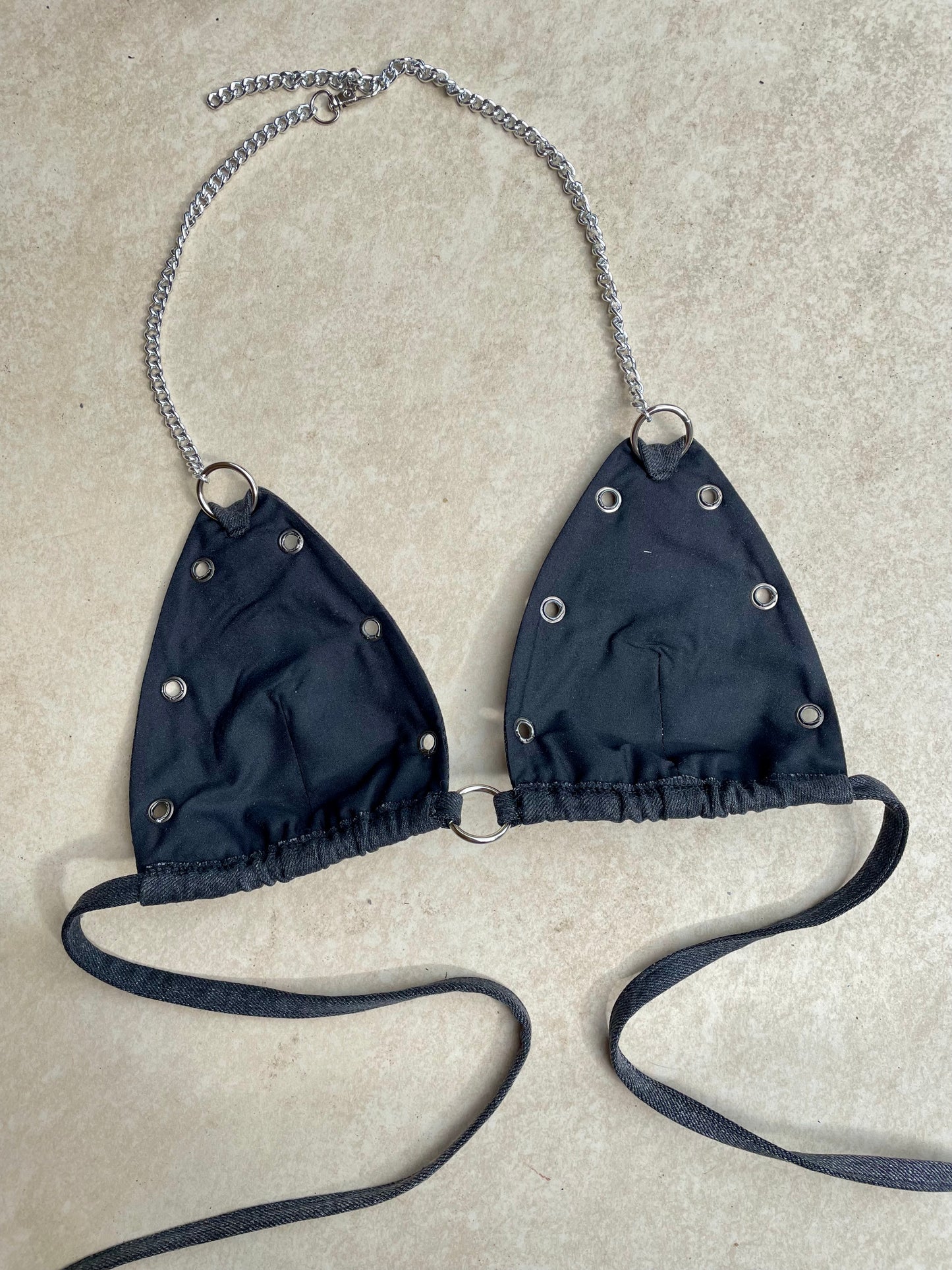 Custom reworked denim sequin cherry bra/bralette/bikini style top black wash - sizes available xs/s/m/l