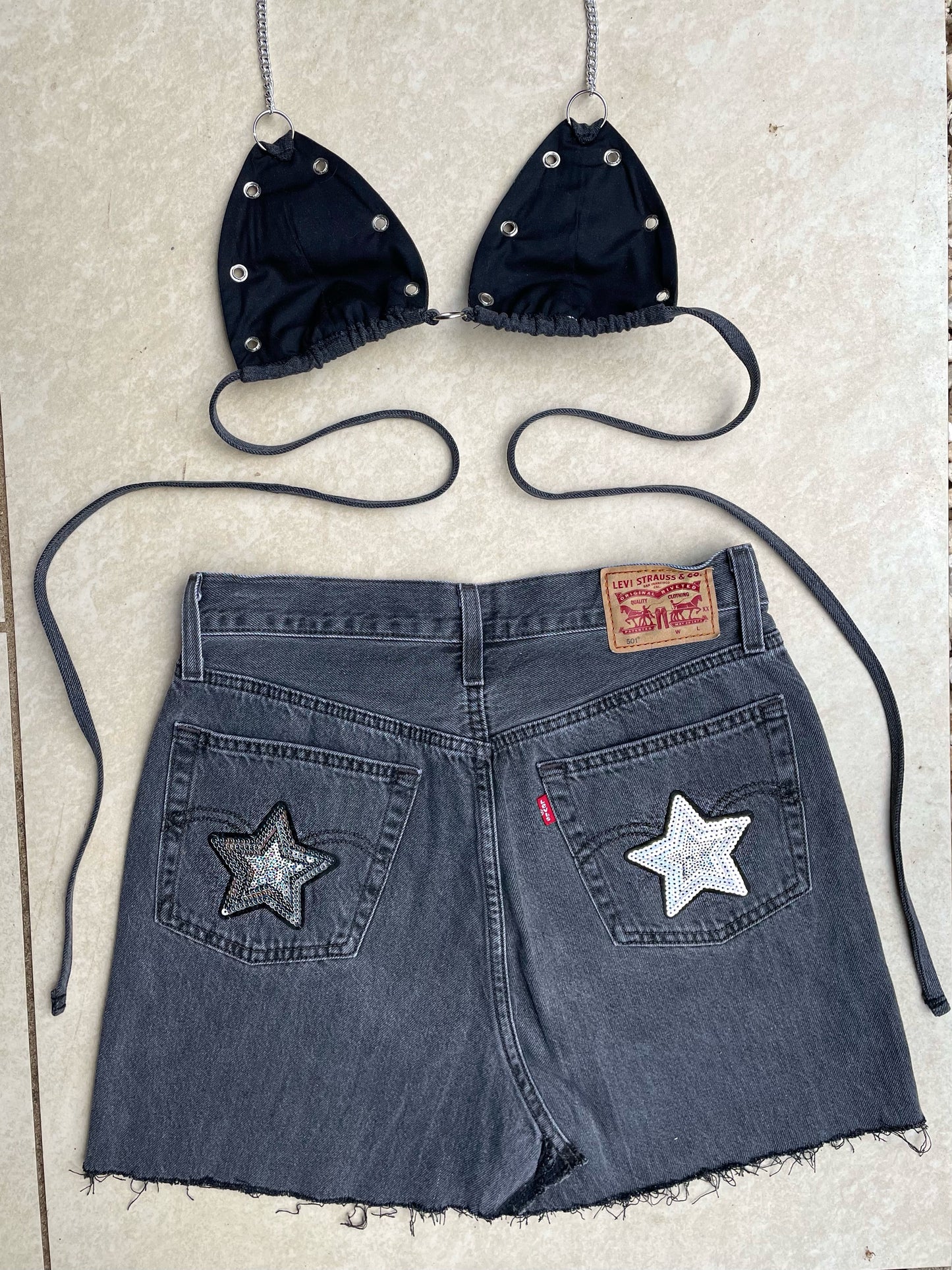 Reworked Levi’s 501 jeans 2 piece sequin star outfit grey/black wash - size uk 8 (S)