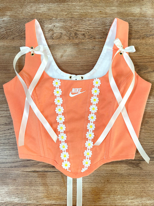 Reworked corset - Coral Orange with daisy appliques Nike - UK SIZE 10 (M)