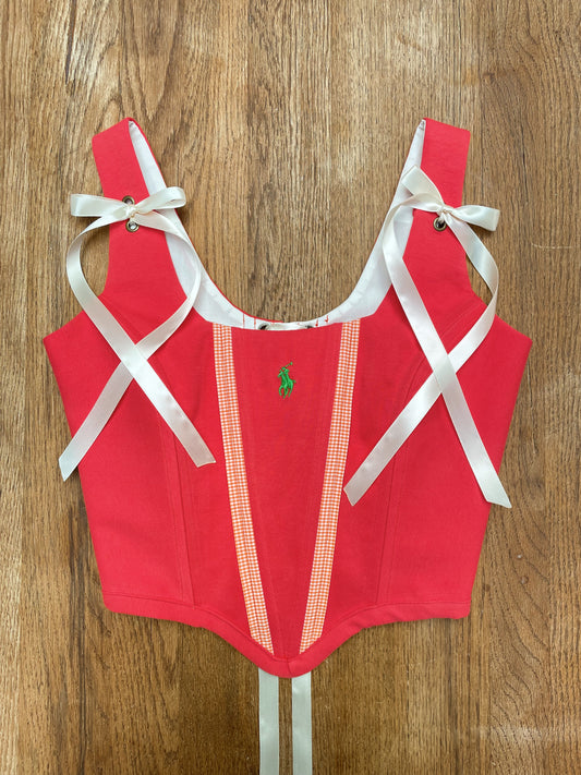 Reworked shirt corset - Coral orange/red with orange gingham check Ralph Lauren - SIZE 6 (XS)