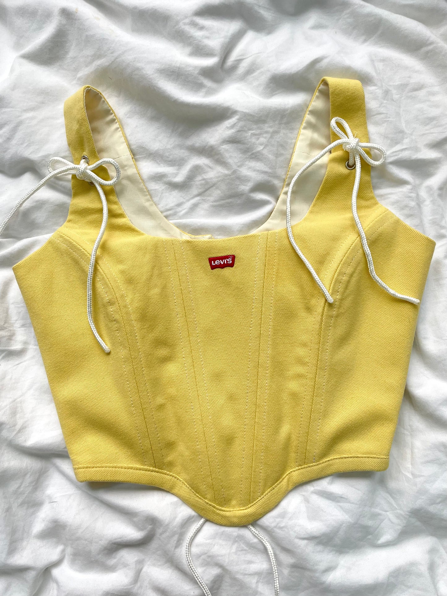 Reworked poloshirt corset - yellow LEVIs - SIZE 8 UK