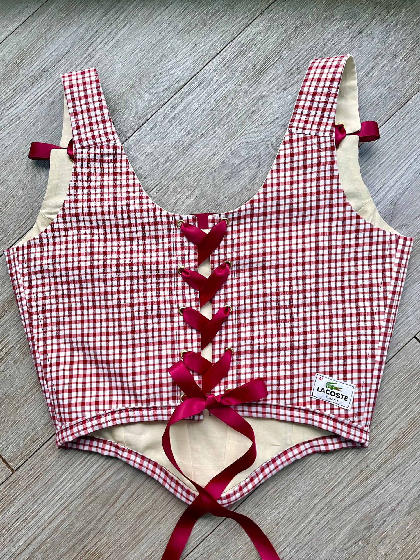 Reworked shirt corset - Burgundy gingham check Lacoste - SIZE 10 UK (M)