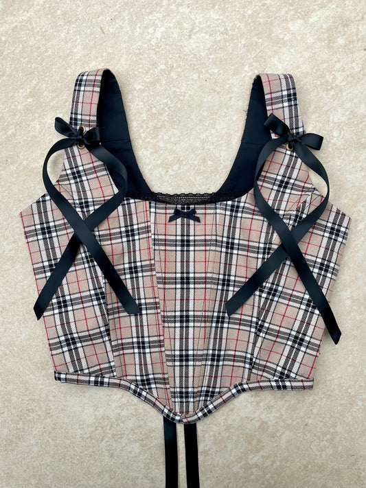 Reworked beige tartan corset top - SIZE 8 UK (S)