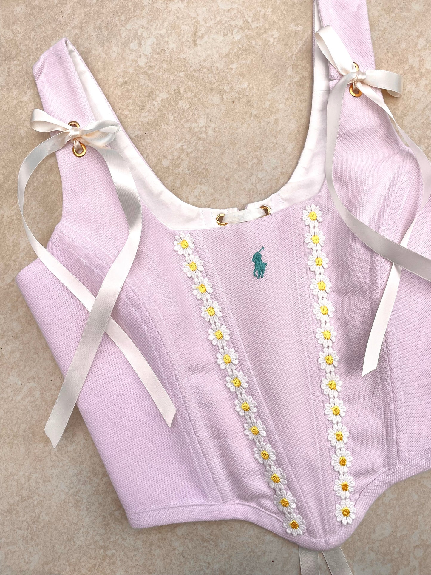 Reworked corset - Pale pink with daisy appliques Ralph Lauren - UK SIZE 8 (S)